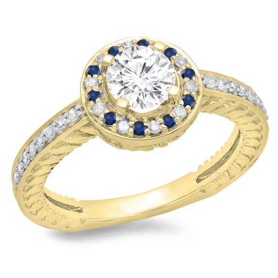 1.00 Carat (ctw) 18K Yellow Gold Round Cut Blue Sapphire & White Diamond Ladies Bridal Vintage Halo Style Engagement Rin