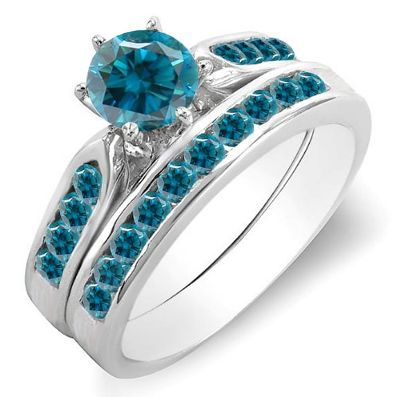 1.00 Carat (ctw) 18k White Gold Round Blue Diamond Ladies Bridal Engagement Ring Set With Matching Band 1 CT
