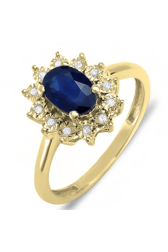 1.00 Carat (ctw) Kate Middleton Diana Replica 10K Yellow Gold Real Round Diamond With Real Oval Blue Sapphire Royal Enga