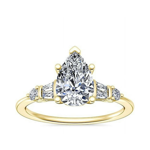 1.00 Ct Brilliant Pear Cut Genuine Diamond Sparkle Solitaire with Accents Engagement Ring for Women Solid 14K Yellow Gold Size 6.5