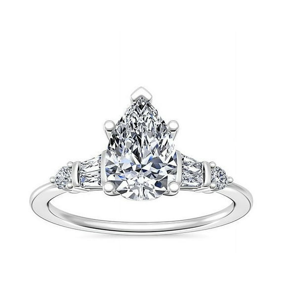 1.00 Ct Brilliant Pear Shape Solitaire with Accents Genuine Diamond Beautiful Wedding Ring for her Solid 18K White Gold Size 7