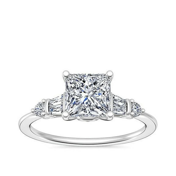 1.00 Ct Brilliant Princess Cut Natural Diamond Latest Solitaire with Accents Design Engagement Ring for Women Solid 14K White Gold Size 7