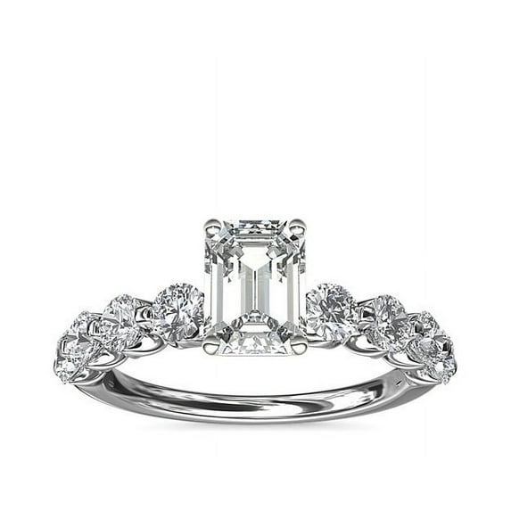 1.00 Ct Emerald Cut Natural Diamond Stylish Solitaire with Accents Ring for Anniversary Solid 14K White Gold Size 4