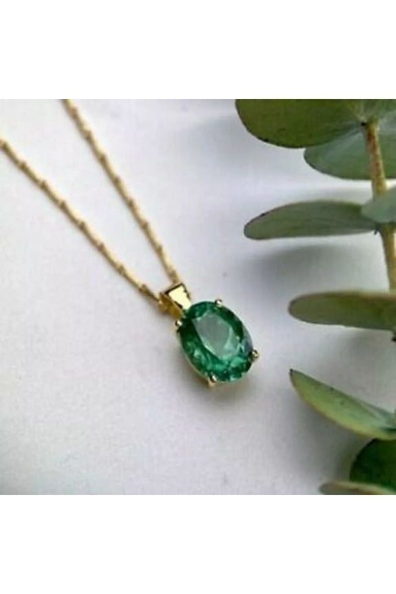 1.00 Ct Oval Cut Lab-Created Green Emerald Solitaire Necklace 14K Yellow Gold Plated 18"