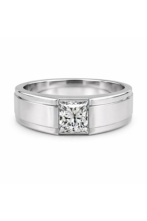 925 Sterling Silver Men’s Diamond Ring with 1 Carat Princess Cut Lab Diamond Sleek Bezel Set Wide Band Style