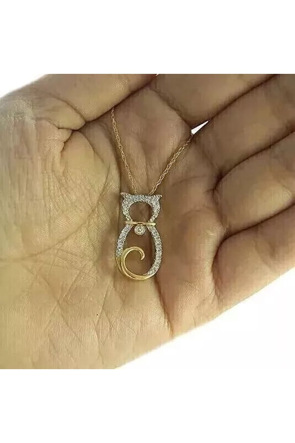 1.00 Ct Round Cut Lab Created Diamond Cat Pendant 14K Yellow Gold Plated