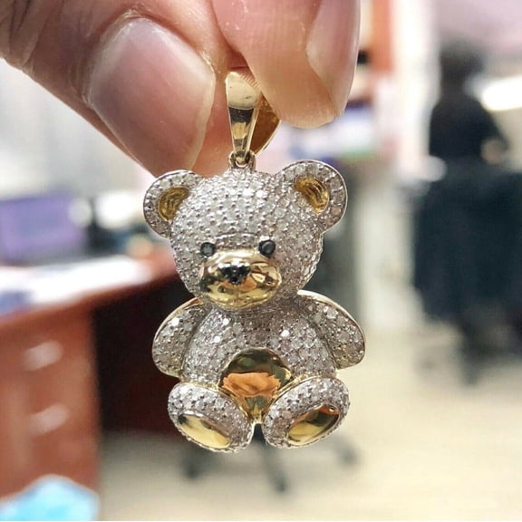 1.00 Ct Round Cut Lab Created Diamond Teddy Bear Pendant Gift Yellow Gold Plated