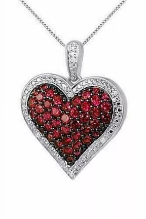 1.00 Ct Round Cut Lab-Created Red Ruby Heart Pendant Necklace 14K White Gold Plated