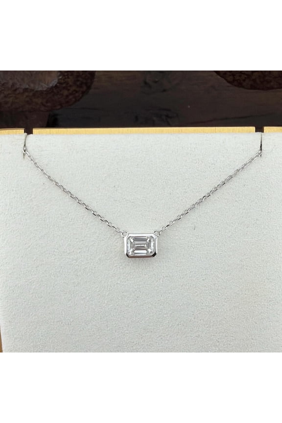 1.00 Ct Sterling Silver Emerald Cut Lab Grown Diamond Solitaire Station Pendant Necklace for Women