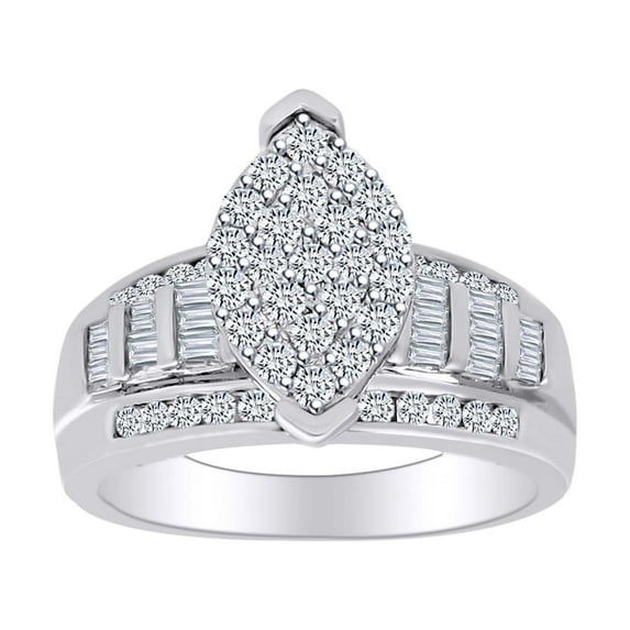 AFFY 1.00 Cttw Baguette & Round Cut White Natural Diamond Cluster Wedding Ring In 10K Solid White Gold-Ring Size-7.5
