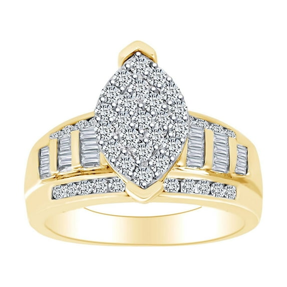 AFFY 1.00 Cttw Baguette & Round Cut White Natural Diamond Cluster Wedding Ring In 10K Solid Yellow Gold-Ring Size-6.5