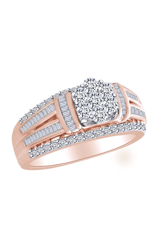 1.00 Cttw Baguette & Round Cut White Natural Diamond Flower Split Shank Ring In 10K Solid Rose Gold-Ring Size-9