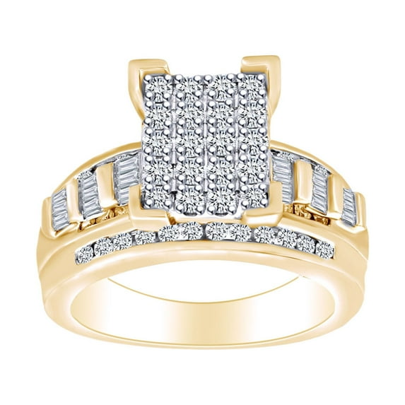 AFFY 1.00 Cttw Round & Baguette Cut White Natural Diamond Rectangle Engagement Ring In 10k Solid Yellow Gold Ring Size-5