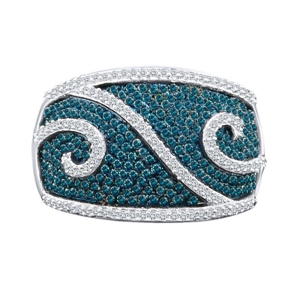 AFFY 1.00 Cttw Round Cut Blue & White Natural Diamond Dome Ring 14K Solid White Gold Ring Size-8.5