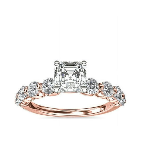 1.00 T.C.W Asscher Shape Natural Diamond Latest Design Solitaire with Accents Wedding Ring for Women Solid 18K Rose Gold Size 8