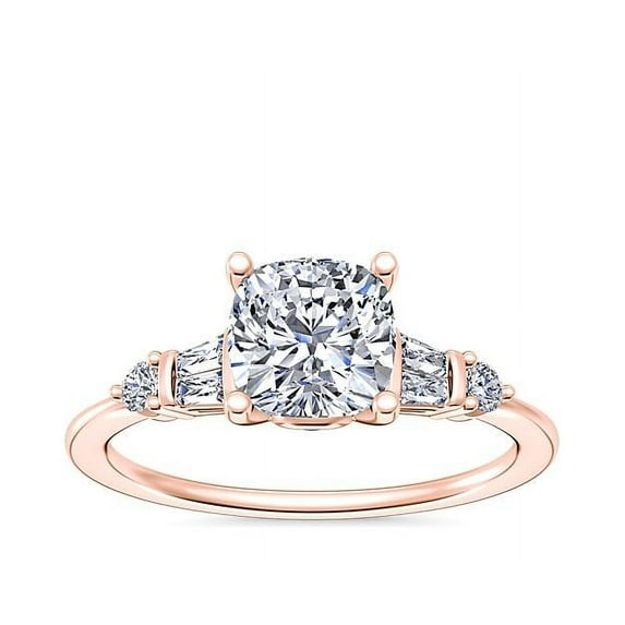 1.00 T.C.W Brilliant Cushion Cut Natural Diamond Latest Design Solitiare with Accents Engagement Ring for Women Solid 18K Rose Gold Size 3