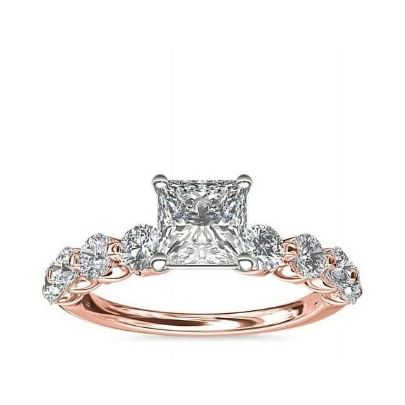1.00 T.C.W Brilliant Princess Cut Natural Diamond Latest Design Solitiare with Accents Engagement Ring for Women Solid 18K Rose Gold Size 3