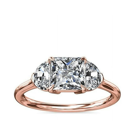1.00 T.C.W Brilliant Princess Cut Natural Diamond Latest Design Three Stone with Accents Engagement Ring for Women Solid 18K Rose Gold Size 3