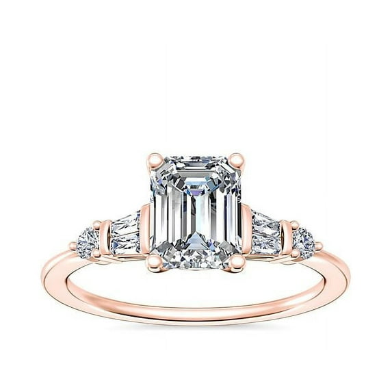 1.00 T.C.W Emerald Shaped Genuine Diamond Stunning Solitaire with Accents Wedding Ring for Women Solid 14K Rose Gold Size 3.5