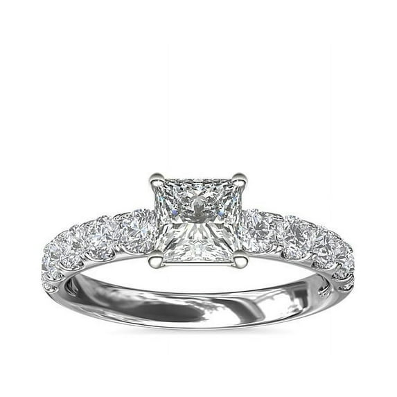 1.00 T.C.W Princess Shape Natural Diamond Latest Design Solitaire with Accents Wedding Ring for Women Solid 18K White Gold Size 8