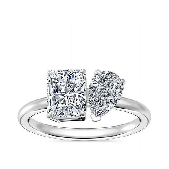 1.00 T.C.W Radiant & Pear Shaped Genuine Diamond Stunning Wedding Two Stone Ring for Women Solid 14K White Gold Size 3.5