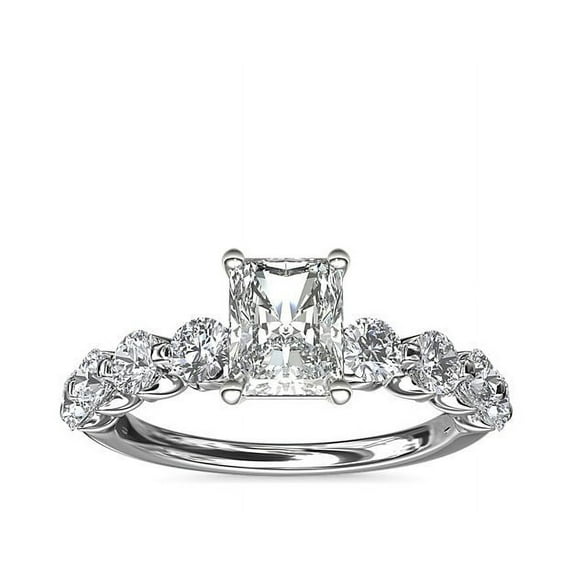 1.00 T.C.W Radiant Shape Natural Diamond Latest Design Solitaire with Accents Wedding Ring for Women Solid 18K White Gold Size 8