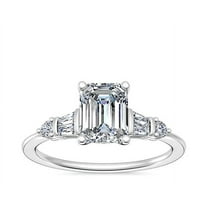 1.00 T.C.W Wonderful Solitaire with Accents Emerald Cut Genuine Diamond Wedding Ring for Women Solid 14K White Gold Size 7