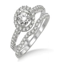 1.00 carat Antique Floral Halo Bridal set with Round Cut diamond in 10k White Gold