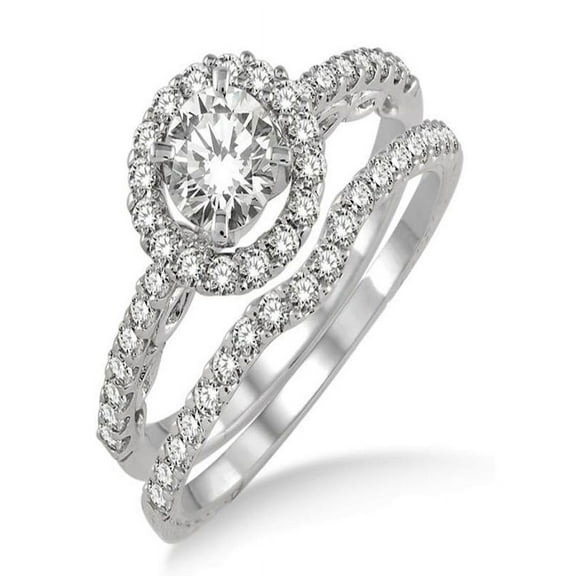 1.00 carat Antique Floral Halo Bridal set with Round Cut diamond in 10k White Gold