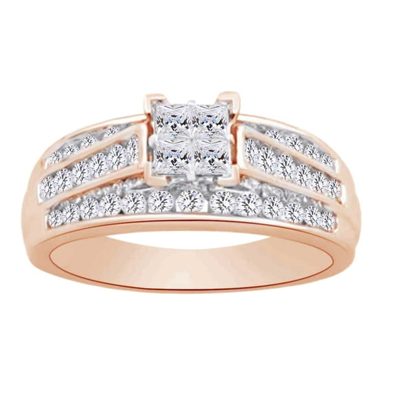 AFFY (1.00 cttw) Princess & Round Shape White Natural Diamond Square Cluster Ring In 10k Rose Gold Ring Size-5