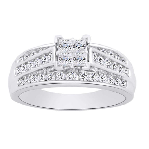 AFFY (1.00 cttw) Princess & Round Shape White Natural Diamond Square Cluster Ring In 10k White Gold Ring Size-8.5