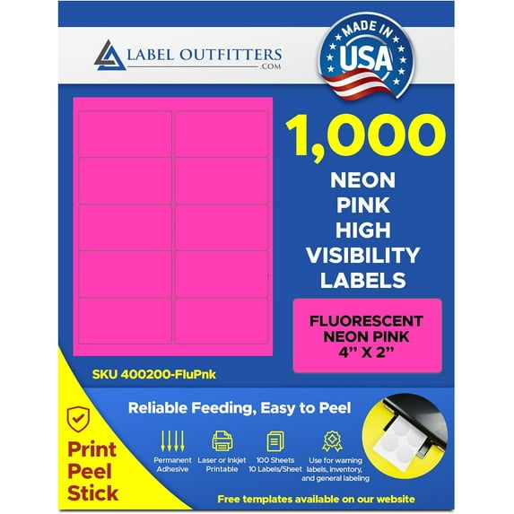 1,000 Label Outfitters Printable Fluorescent Neon Pink Inkjet Laser Printer Labels for Inventory Control, Product Signs, High Visibility Labels