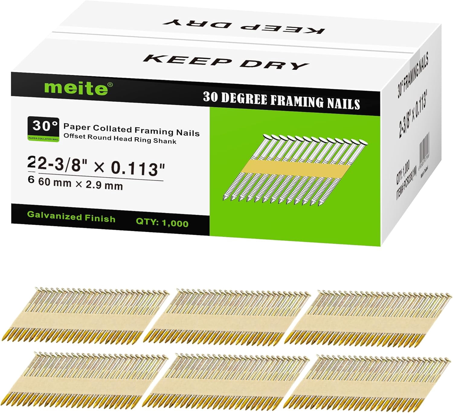 1,000 PCS MEITE 30 Degree Framing Nails 2-3/8Inch x .113 Inch, Ring ...