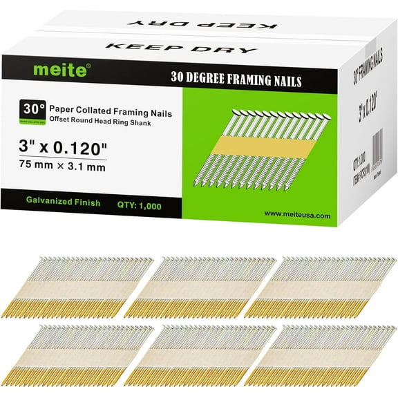 1,000 PCS MEITE 30 Degree Framing Nails 3-Inch x .120-Inch, Ring Shank, Galvanized Coated, Paper Tape Collated, Offset Round Head Framing Nails for 30-34 Degree Framing Nailers