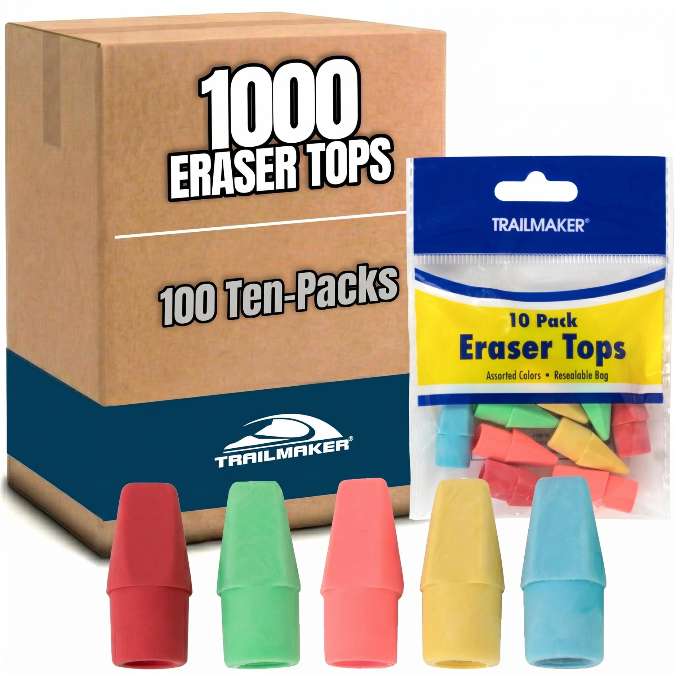 1,000 Pieces of Bulk Wholesale Eraser Pencil Toppers in 100 Packs of 10 Toppers Each for 1,000 Eraser Toppers Total in Multicolor Pack