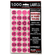1,000 Pink Garage Sale Labels, Yard Sale Stickers with Prices, Includes 3 Bonus Large Pricing Labels, Sunburst Systems 7035 Pre-Priced Labels