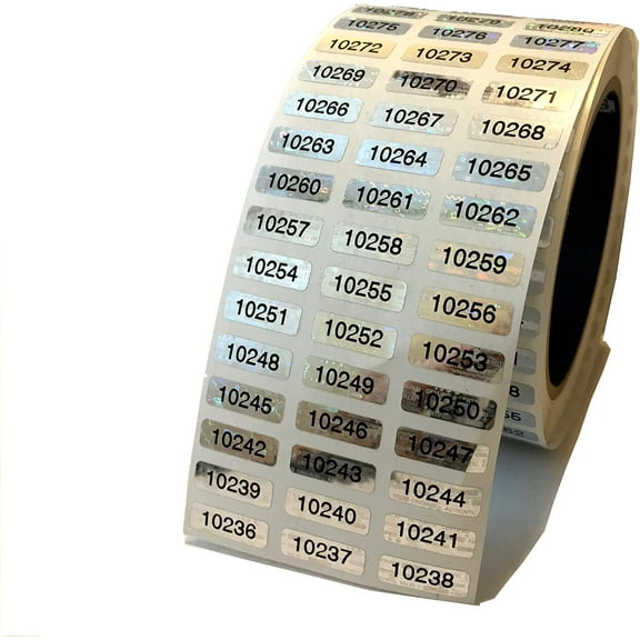 1,000 Silver Hologram Numbered TamperMax Tamper Evident Security Label Holographic Seal Sticker, Size 0.75" x 0.25" (19mm x 6mm).
