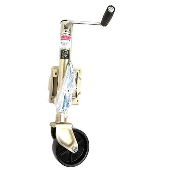 1,000 lbs. capacity RAM side wind bolt-on swivel trailer jack zinc coated with 6" caster.