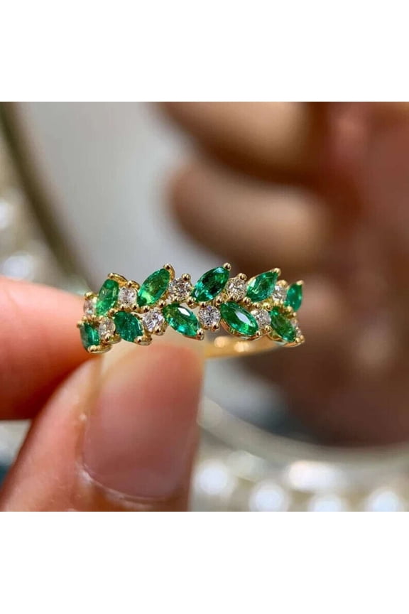 1.00CT Green Emerald 925 Silver Engagement Wedding Ring 14k Yellow Gold Plated