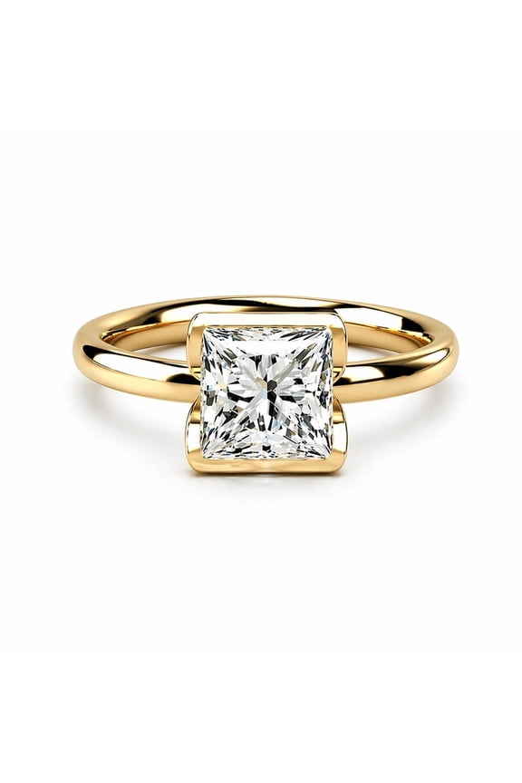 1.00CT Princess Cut Lab Created Diamond 14K Yellow Gold Bezel Set Engagement Ring for Women