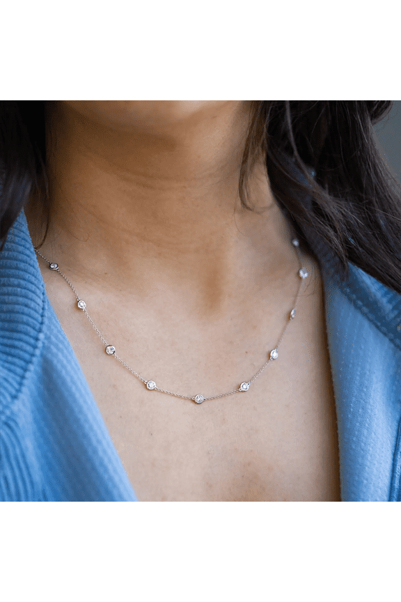 1.00CT Round Cut Simulated Diamond 924 Silver Bezel Set Station Necklace In 14k White Gold Plated