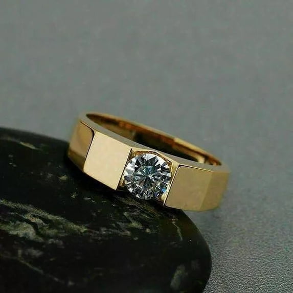 1.00CT Round Cut Simulated Diamond Solitaire Men's Wedding Band Ring 14K Yellow Gold Plated 925 Silver