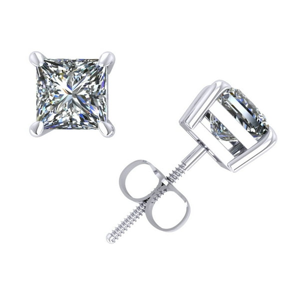 1.00Ct Princess Cut Diamond Basket Stud Earrings 18k White Gold 4Prong Set H SI2