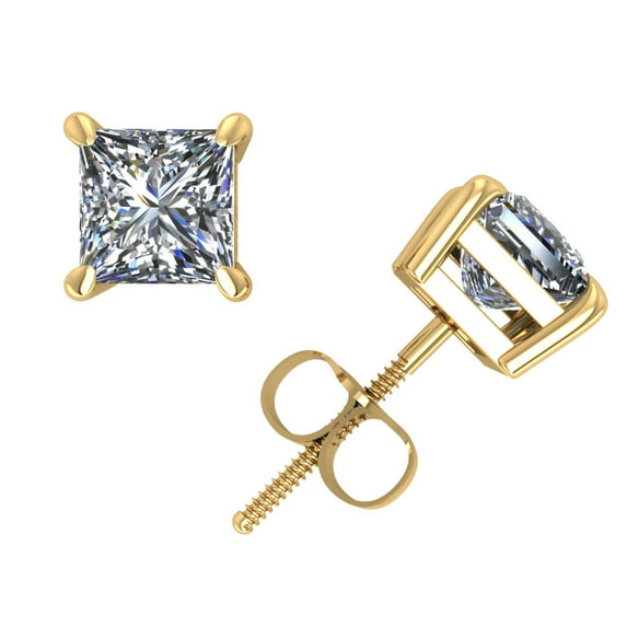 1.00Ct Princess Cut Diamond Basket Stud Earrings 18k Yellow Gold 4Prong Set G SI1