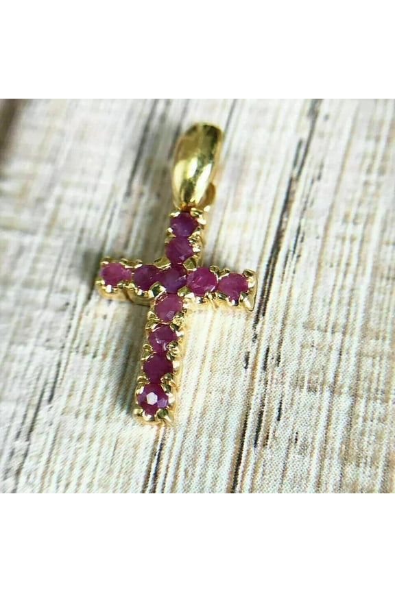 1.00Ct Round Cut Lab Creatd Red Ruby Cross Pendant 14K Yellow Gold Finish Free Chain