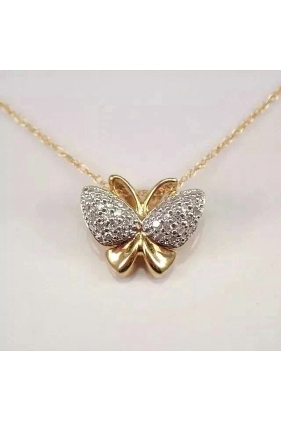 1.00Ct Round Cut Lab Created Diamond Butterfly Pendant 14K Yellow Gold Plated Silver