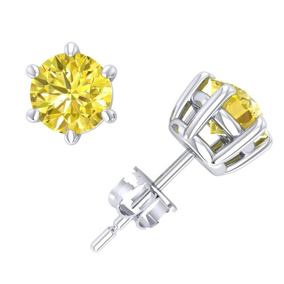 1.00Ct Round Cut Yellow Diamond Basket Stud Earrings 14k White Gold 6Prong I1