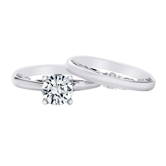 AFFY 1.01 Carat Round Shape Moissanite & Natural Diamond Bridal Ring Set 14K Solid White Gold Ring Size-6