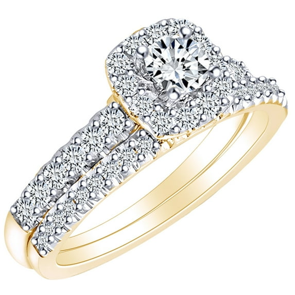 AFFY 1.01 Ct Round Cut White Natural Diamond Halo Engagement Wedding Bridal Ring Set In 14k Solid Yellow Gold
