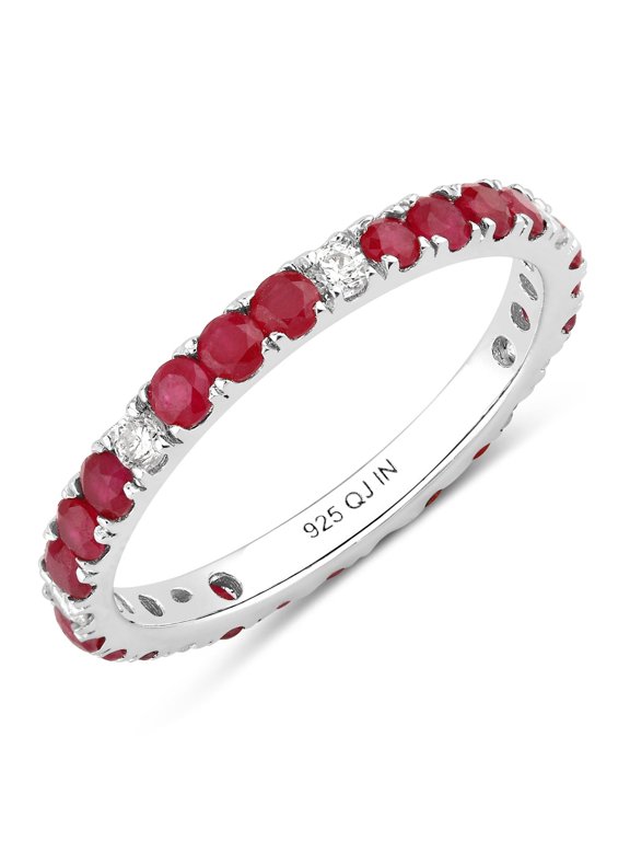 1.01 Ct Round Pink Mozambique Ruby and Lab Diamond Prong Silver Eternity Band Ring